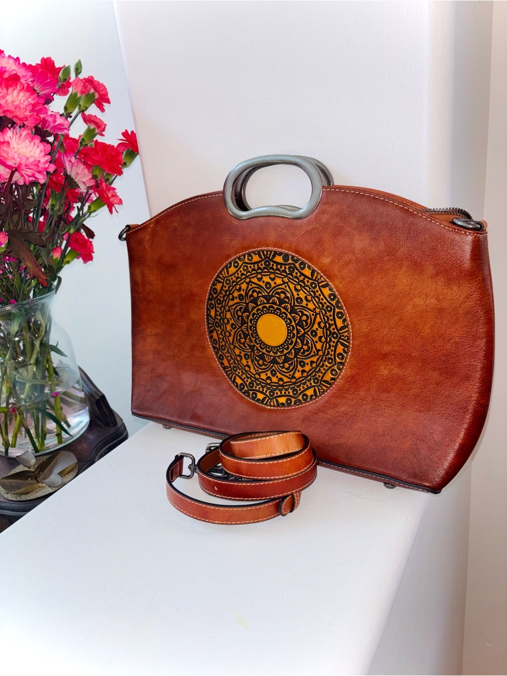 Embossed Leather Satchel Purse
